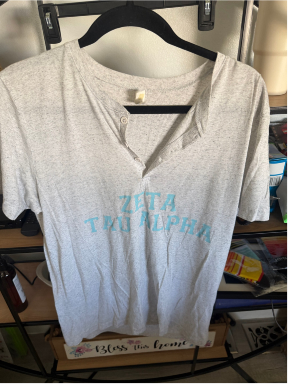 Women's Bella+Canvas Zeta Tau Alpha Henley Tee, Size M, Grey and Light Blue